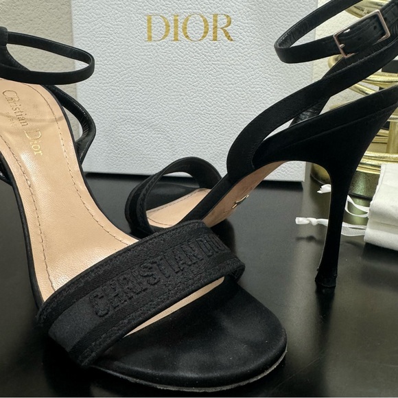 Christian Dior Dway Embroidered Logo Sandal Heel Satin Black 39.5 - Picture 3 of 10
